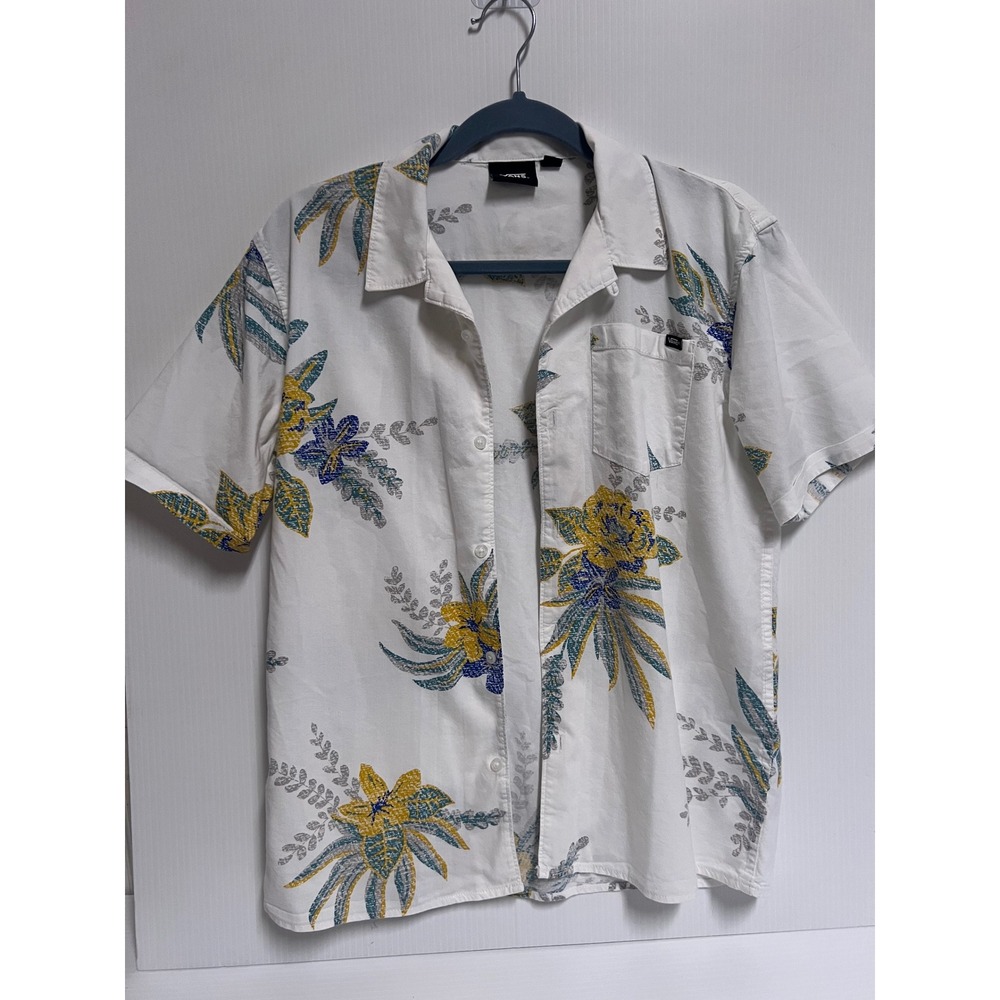 Vans Mens XL Short Sleeve Button Up Shirt White Tropical Floral Print Pocket